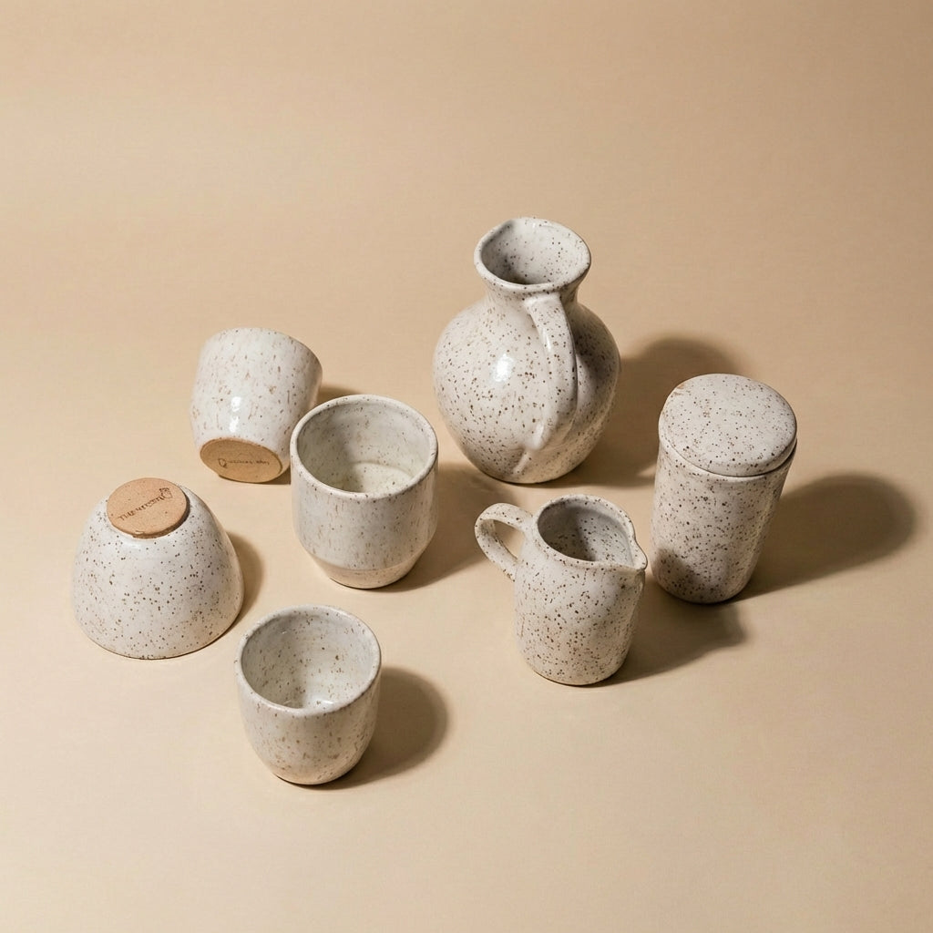 Set of ceramic jars and cups on a beige background