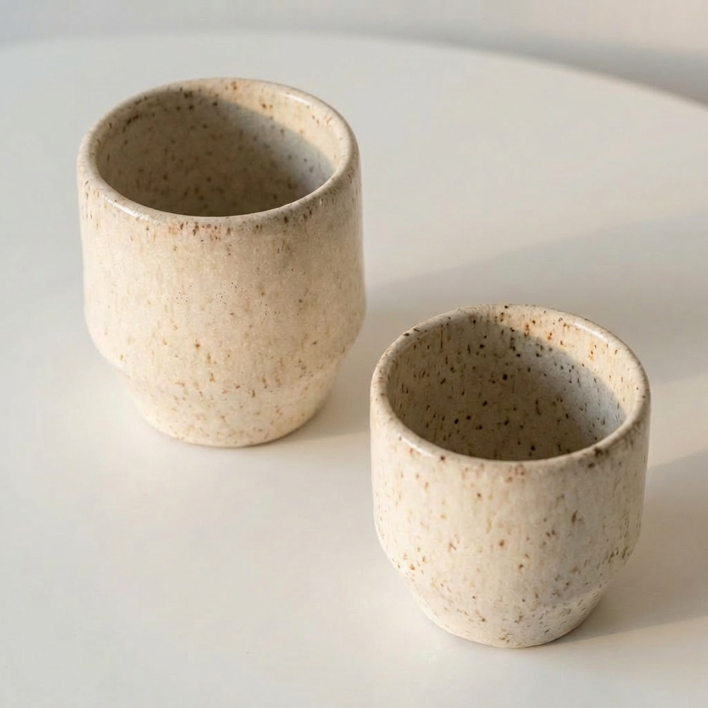 Two ceramic cups with speckled texture.