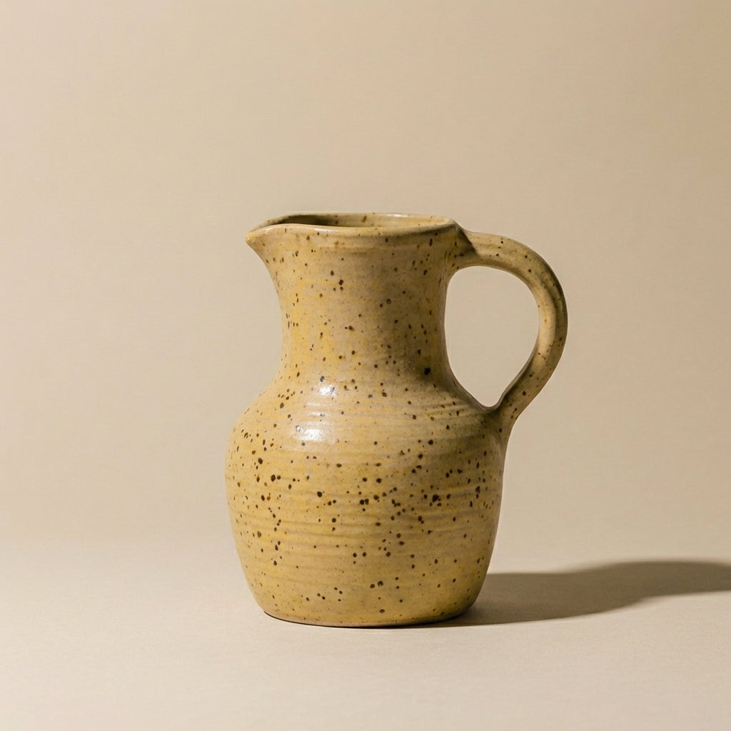 Speckled beige ceramic pitcher.