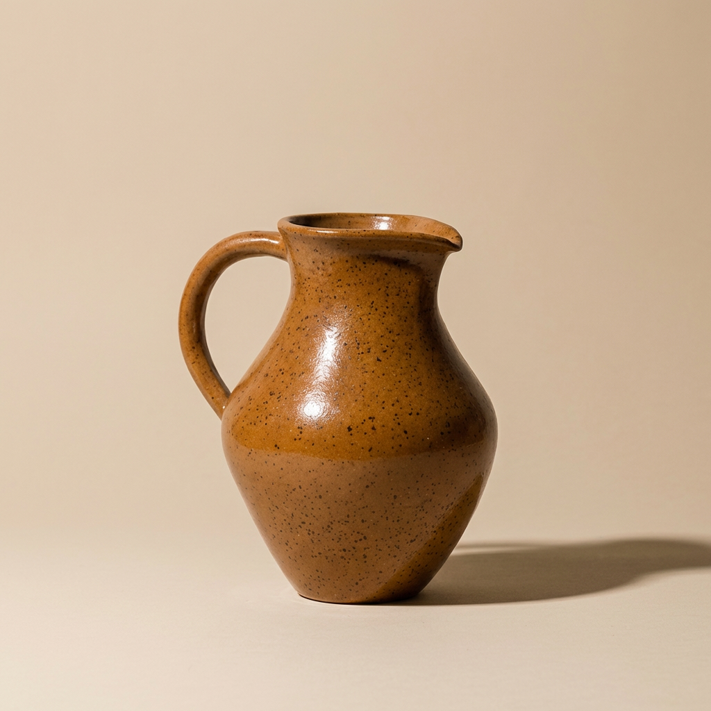 Brown ceramic pitcher.