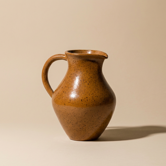 Brown ceramic pitcher.