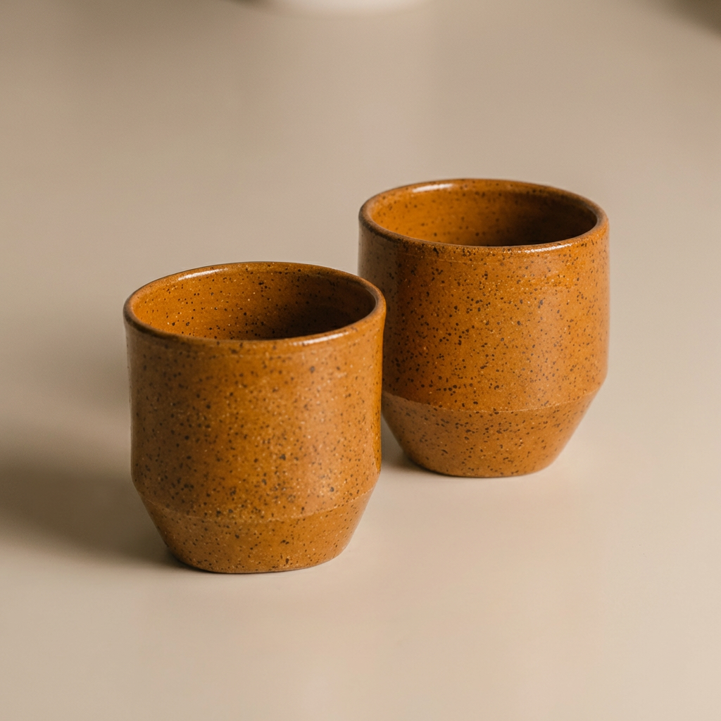 Two brown ceramic cups on a beige background
