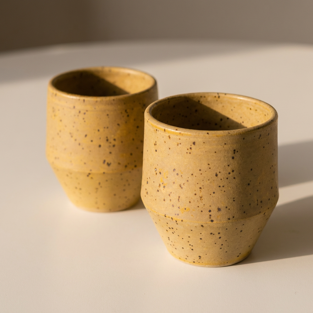 Two honey glazed ceramic cups with a speckled texture.