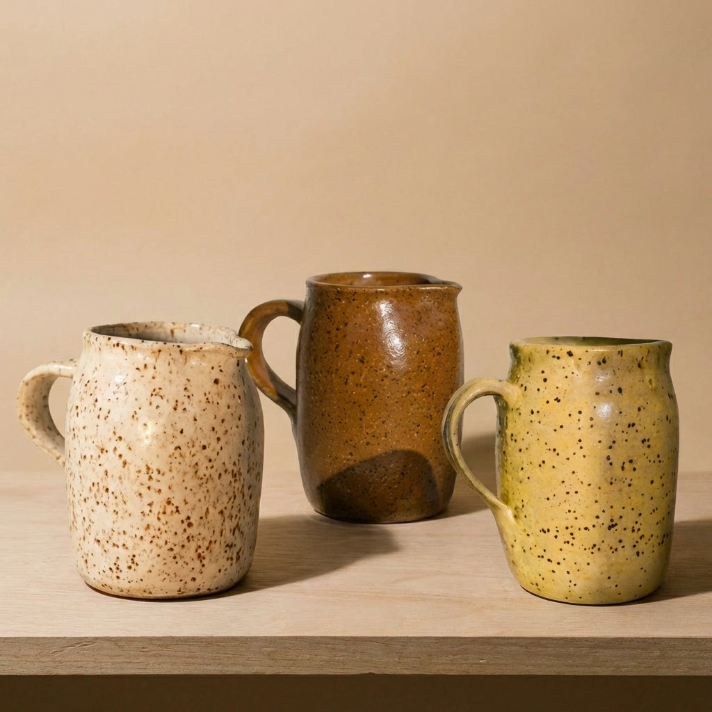 Three ceramic creamers/ mini pitchers with speckled patterns.